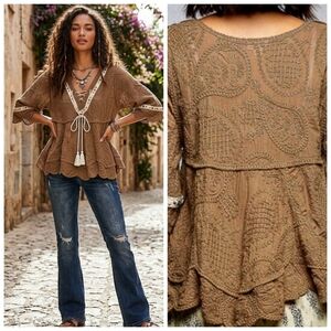 POL Brown Lace-Up Boho Blouse